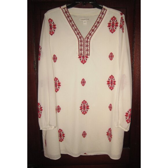 Coldwater Creek L Tunic Blouse Top Shirt Silky Poly Embroidered Floral Ivory LS - Picture 1 of 3